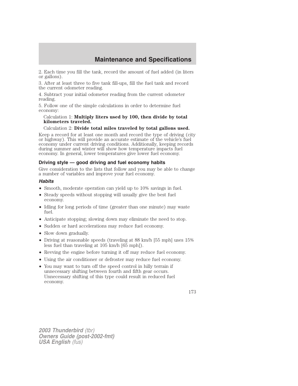 Maintenance and specifications | FORD 2003 Thunderbird v.2 User Manual | Page 173 / 200