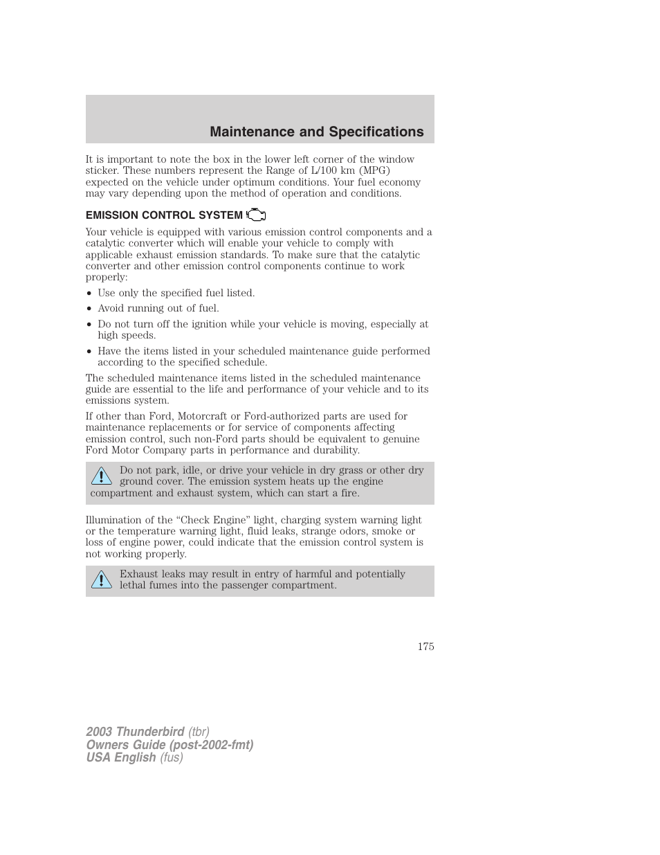 Maintenance and specifications | FORD 2003 Thunderbird v.2 User Manual | Page 175 / 200