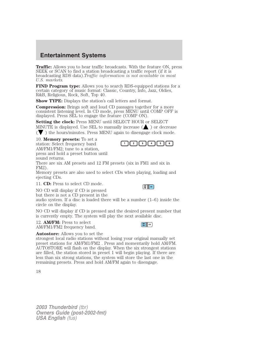 Entertainment systems | FORD 2003 Thunderbird v.2 User Manual | Page 18 / 200