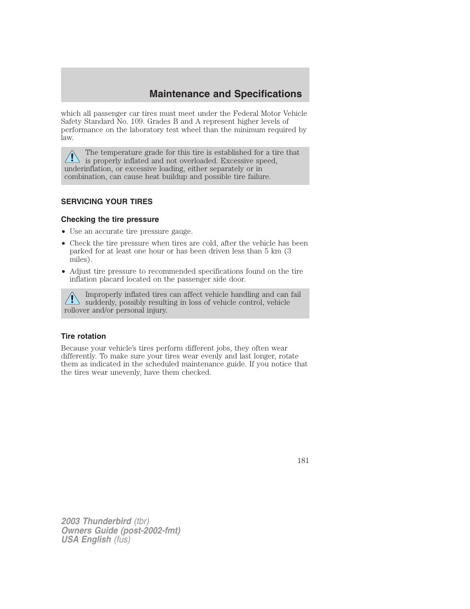 Maintenance and specifications | FORD 2003 Thunderbird v.2 User Manual | Page 181 / 200