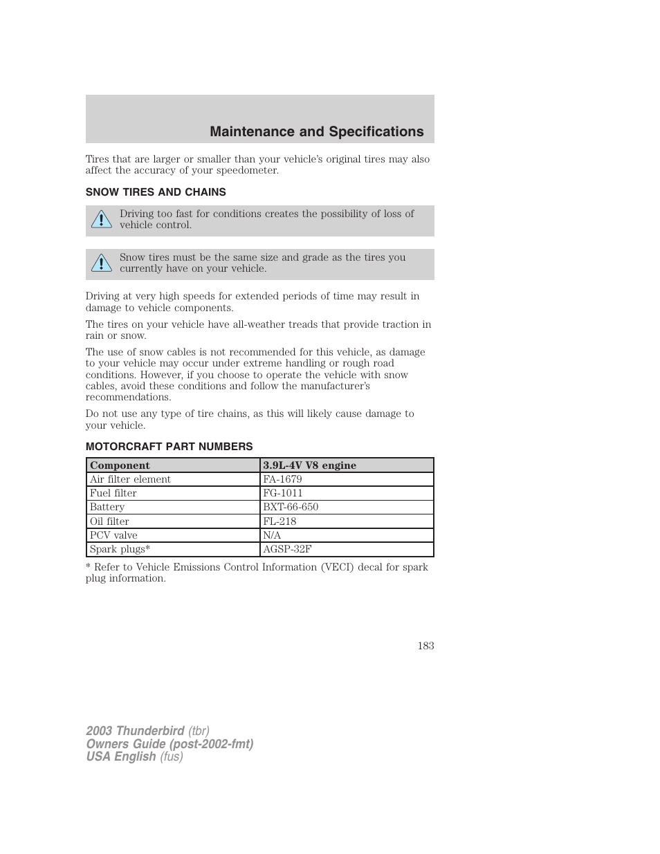 Maintenance and specifications | FORD 2003 Thunderbird v.2 User Manual | Page 183 / 200