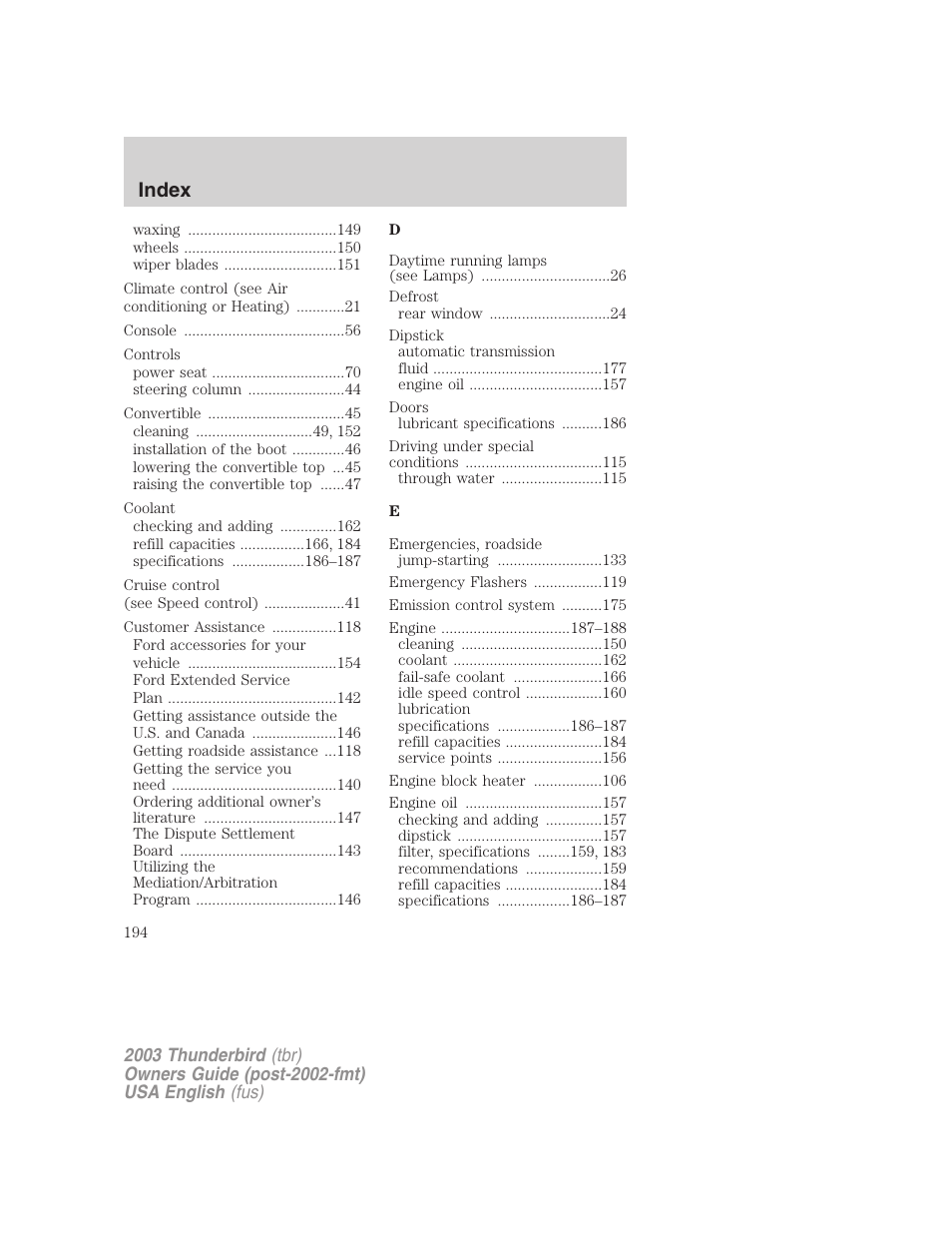 Index | FORD 2003 Thunderbird v.2 User Manual | Page 194 / 200