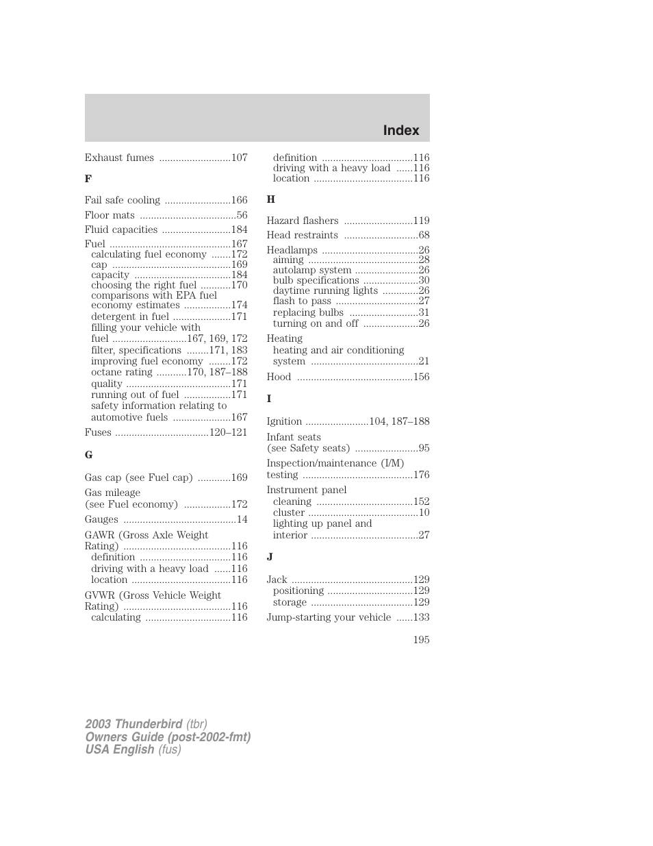 Index | FORD 2003 Thunderbird v.2 User Manual | Page 195 / 200