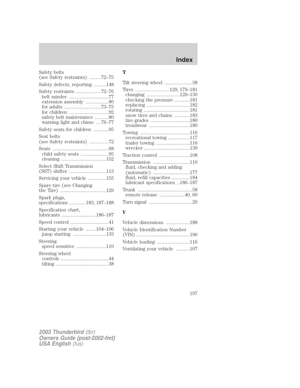 Index | FORD 2003 Thunderbird v.2 User Manual | Page 197 / 200