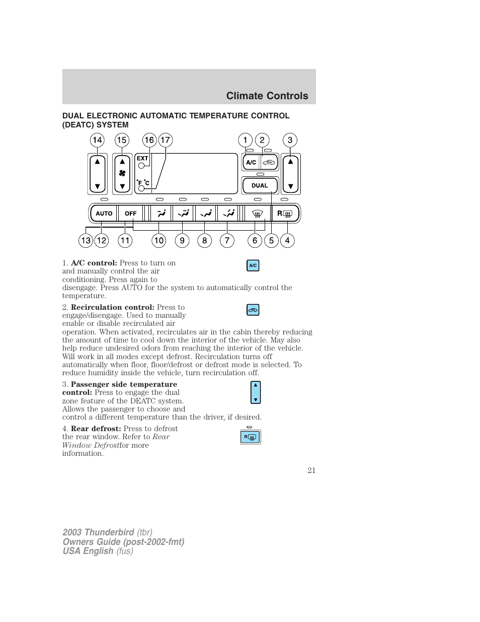 Climate controls | FORD 2003 Thunderbird v.2 User Manual | Page 21 / 200