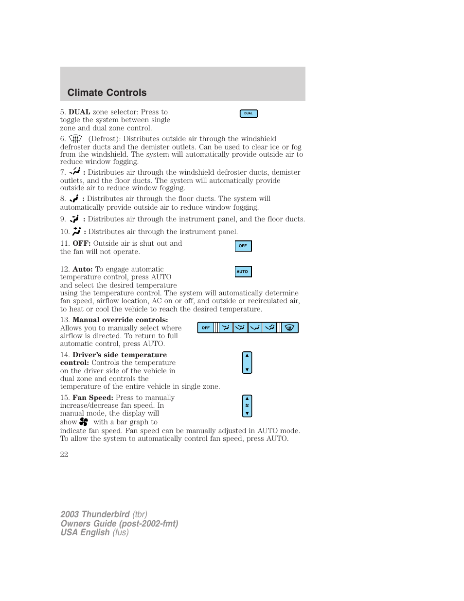 Climate controls | FORD 2003 Thunderbird v.2 User Manual | Page 22 / 200