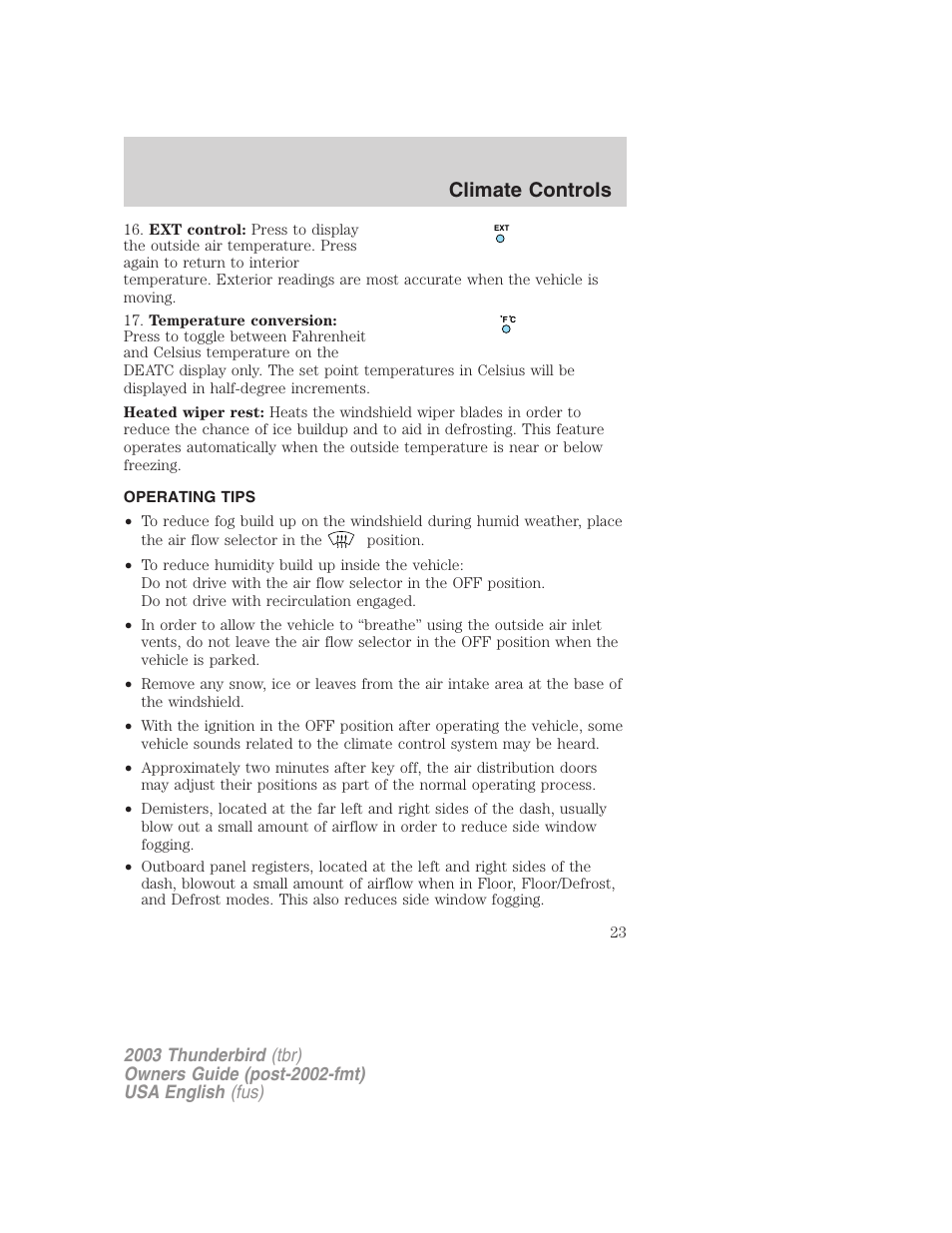 Climate controls | FORD 2003 Thunderbird v.2 User Manual | Page 23 / 200