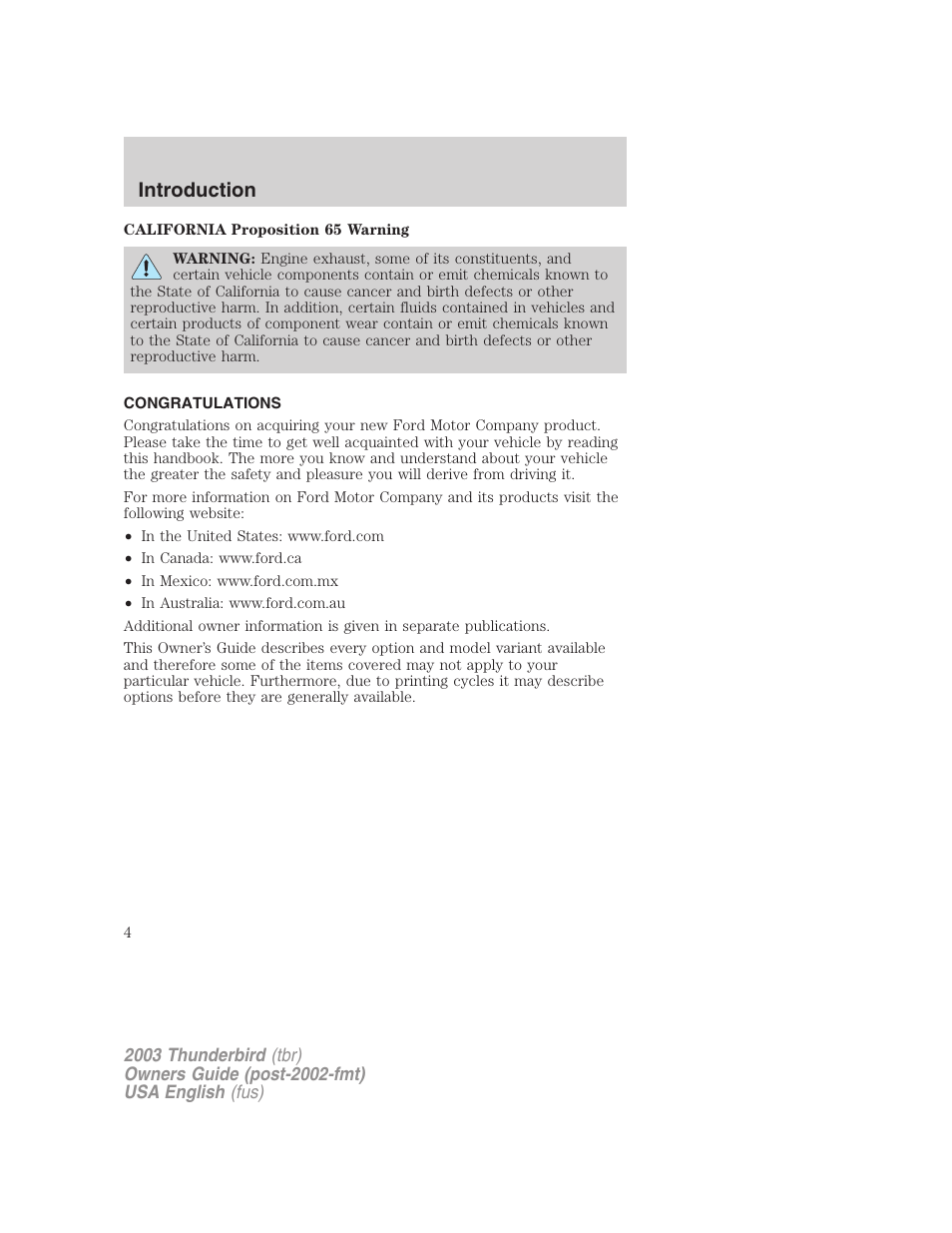 Introduction | FORD 2003 Thunderbird v.2 User Manual | Page 4 / 200