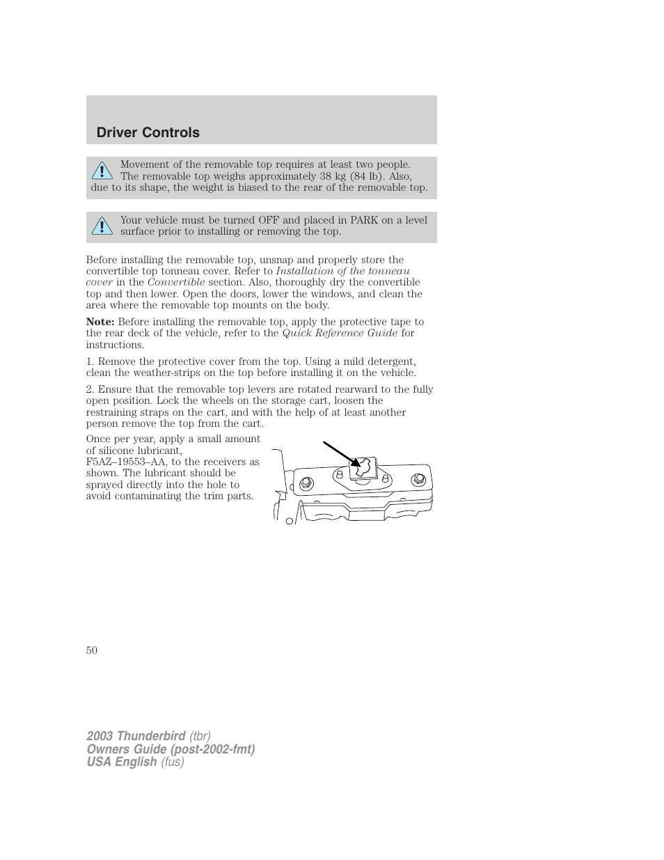 Driver controls | FORD 2003 Thunderbird v.2 User Manual | Page 50 / 200