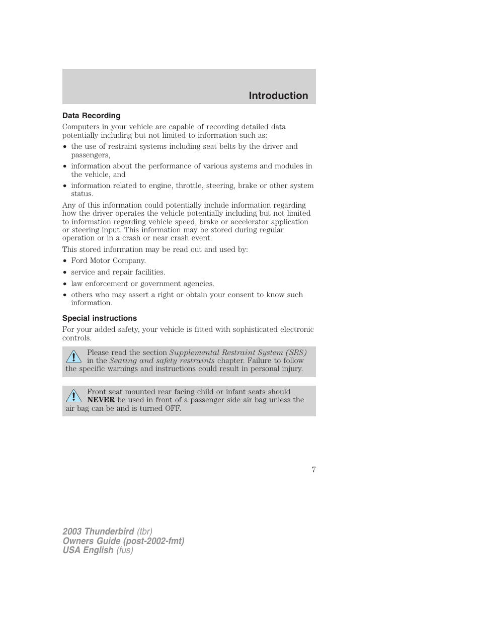 Introduction | FORD 2003 Thunderbird v.2 User Manual | Page 7 / 200