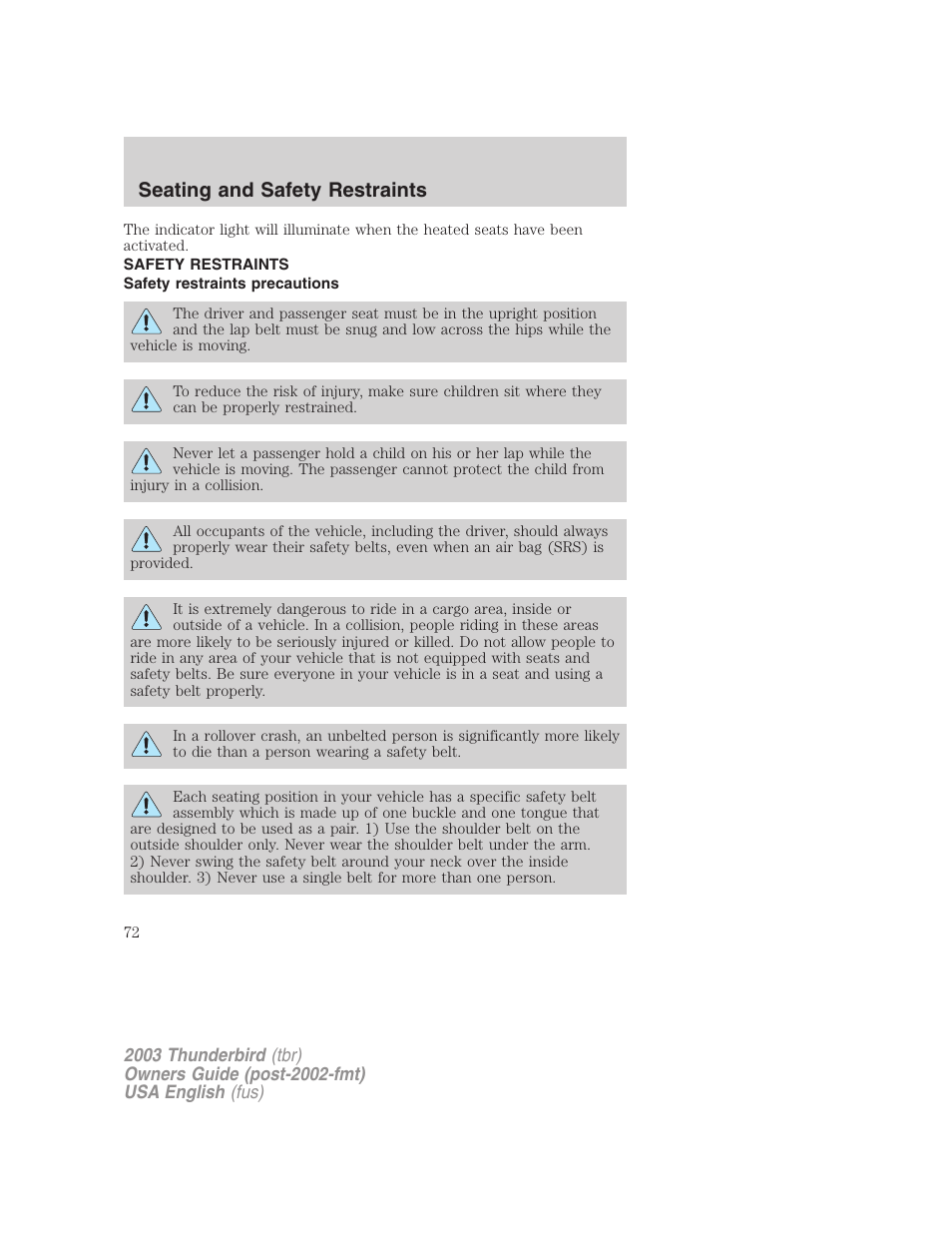 Seating and safety restraints | FORD 2003 Thunderbird v.2 User Manual | Page 72 / 200