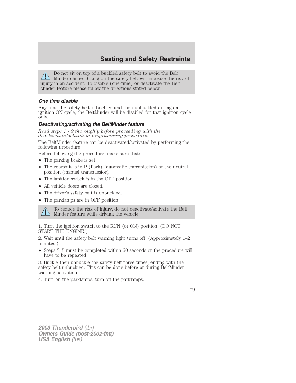 Seating and safety restraints | FORD 2003 Thunderbird v.2 User Manual | Page 79 / 200