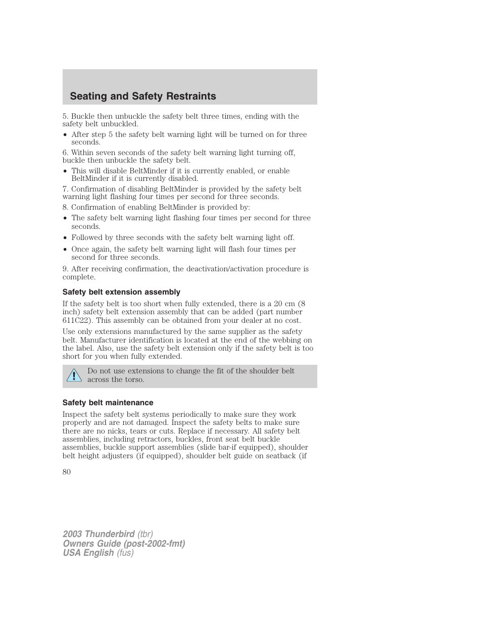 Seating and safety restraints | FORD 2003 Thunderbird v.2 User Manual | Page 80 / 200