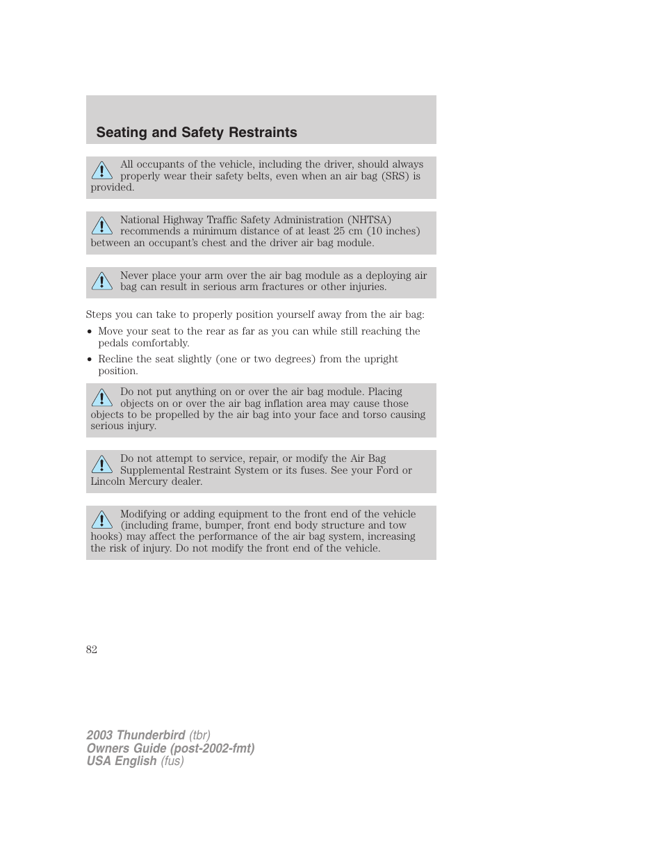 Seating and safety restraints | FORD 2003 Thunderbird v.2 User Manual | Page 82 / 200