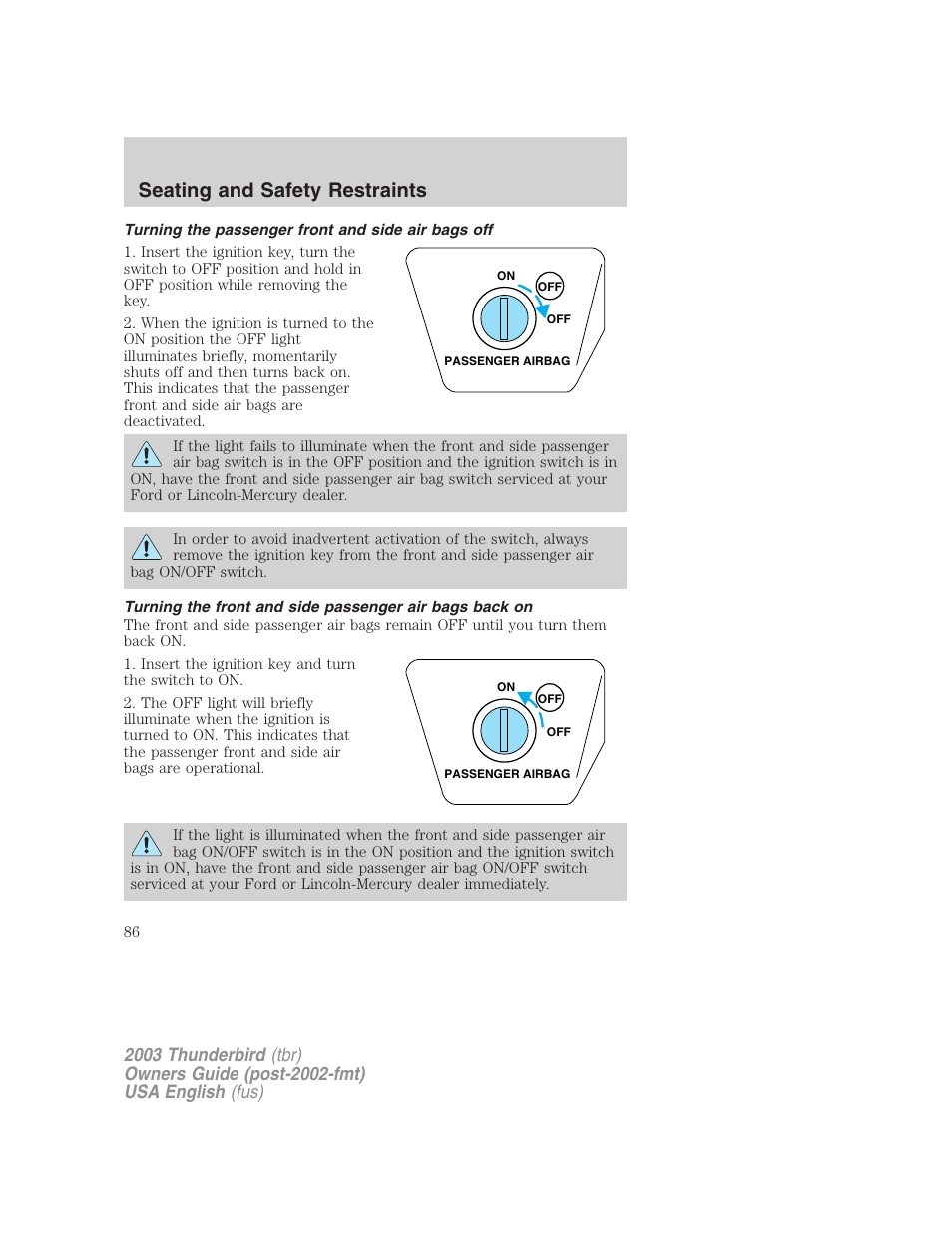 Seating and safety restraints | FORD 2003 Thunderbird v.2 User Manual | Page 86 / 200