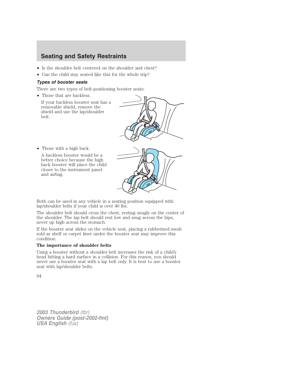 Seating and safety restraints | FORD 2003 Thunderbird v.2 User Manual | Page 94 / 200