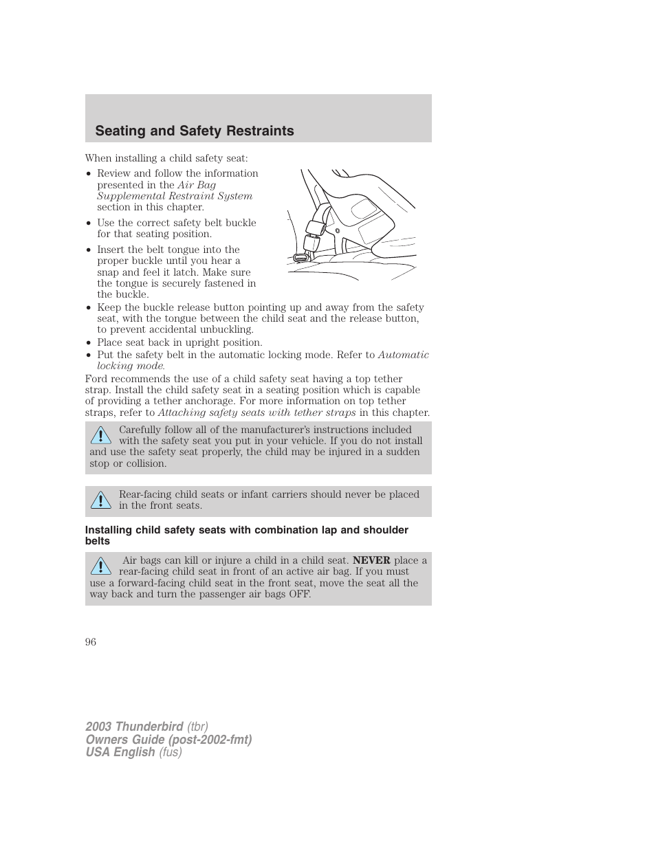 Seating and safety restraints | FORD 2003 Thunderbird v.2 User Manual | Page 96 / 200