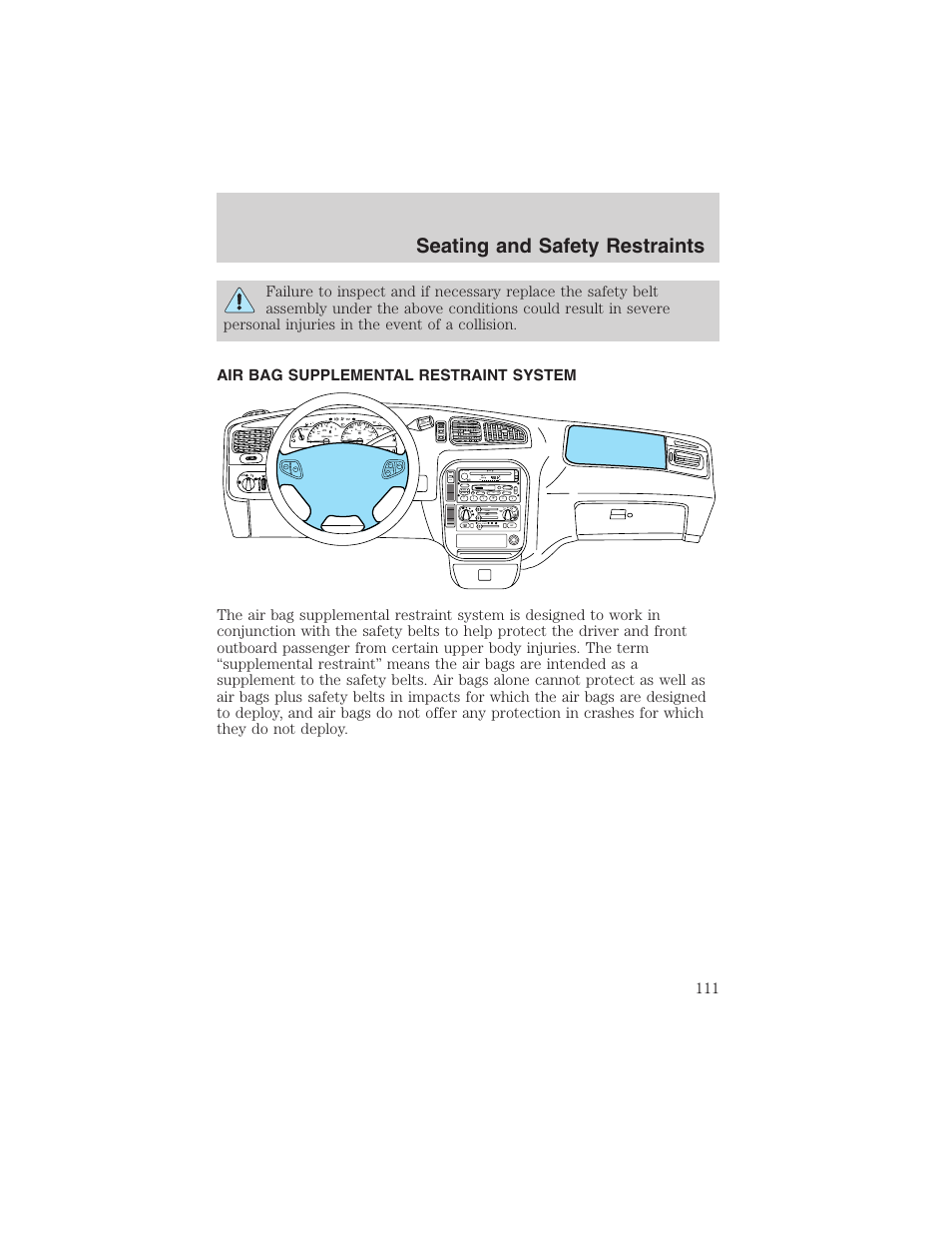 Seating and safety restraints | FORD 2003 Windstar v.1 User Manual | Page 111 / 240