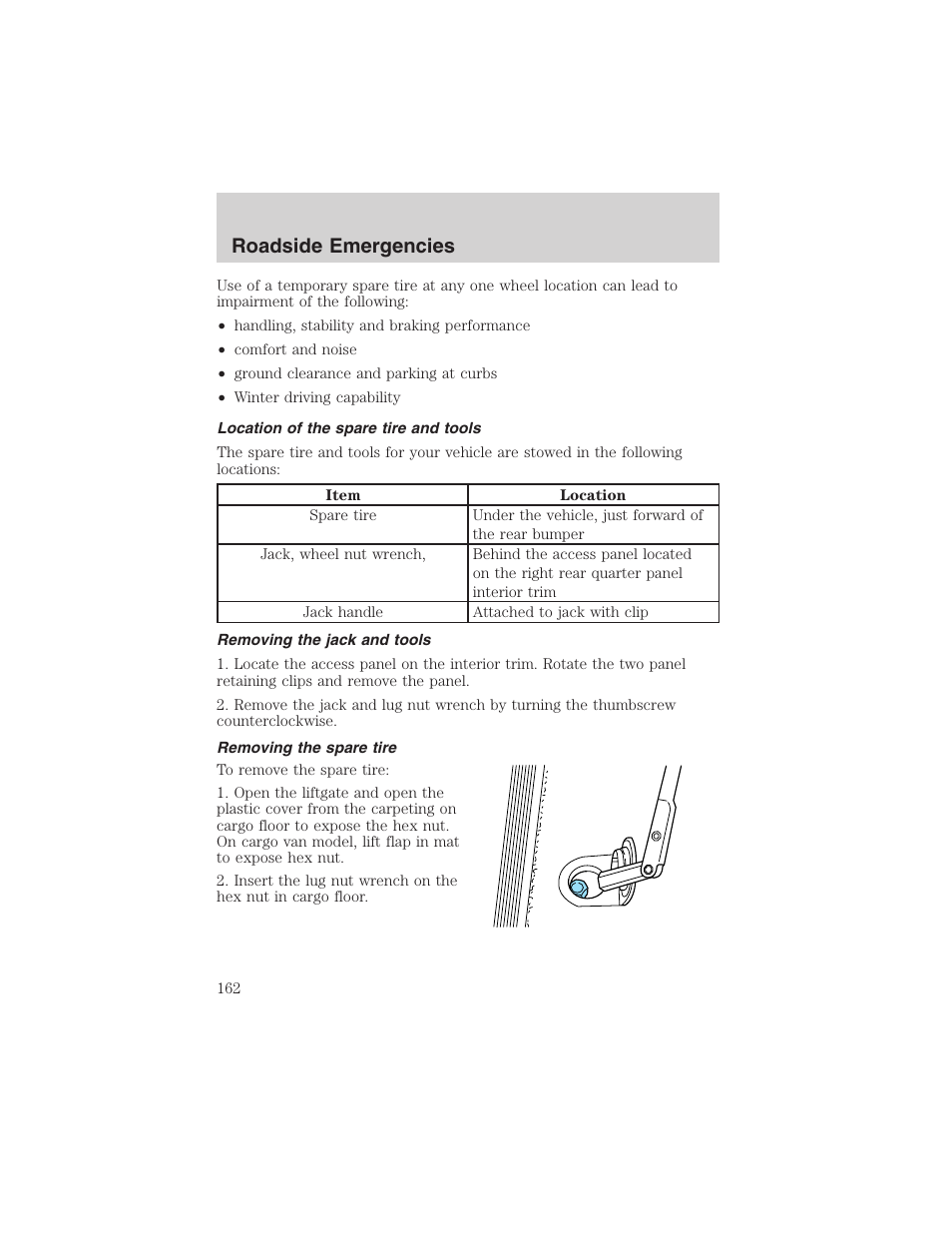 Roadside emergencies | FORD 2003 Windstar v.1 User Manual | Page 162 / 240