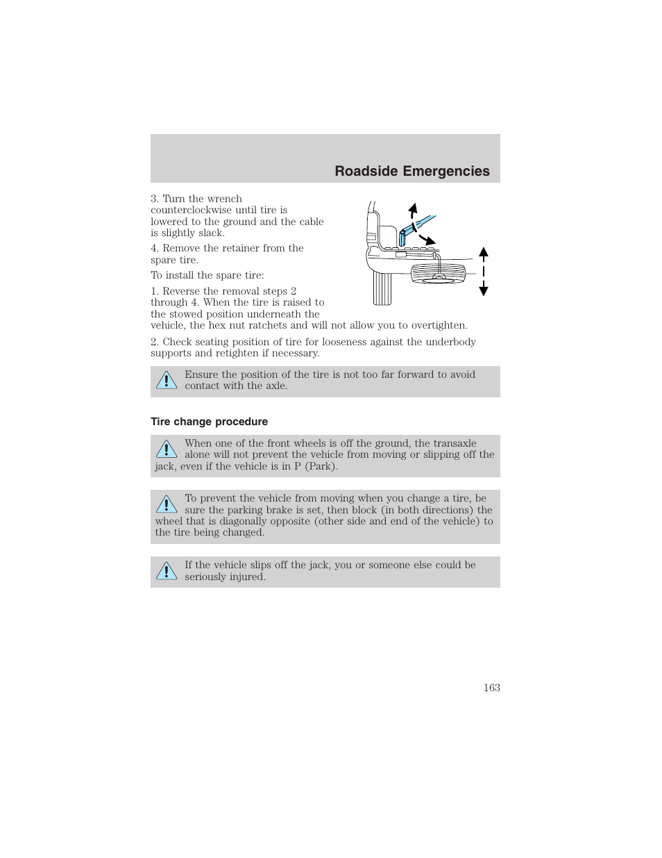 Roadside emergencies | FORD 2003 Windstar v.1 User Manual | Page 163 / 240