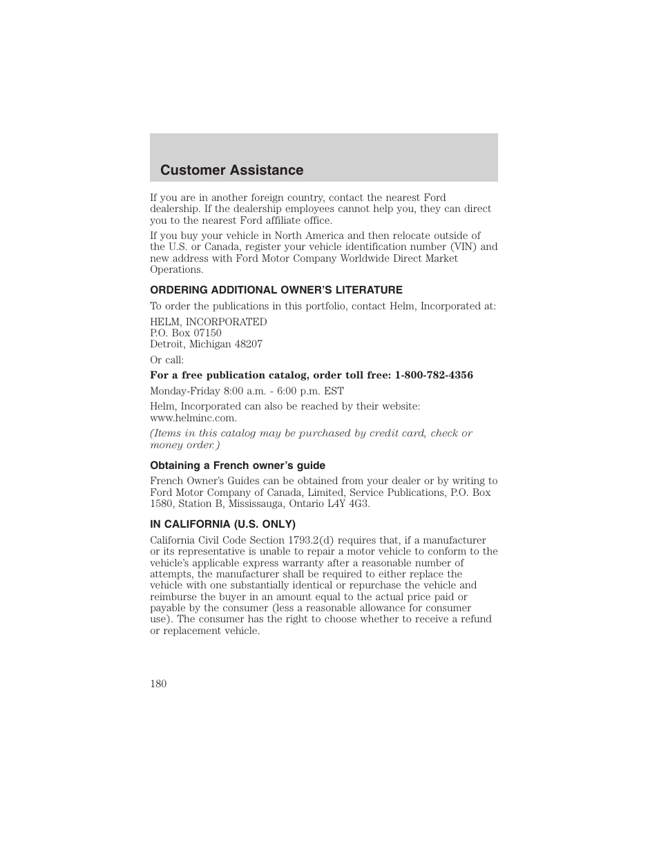 Customer assistance | FORD 2003 Windstar v.1 User Manual | Page 180 / 240