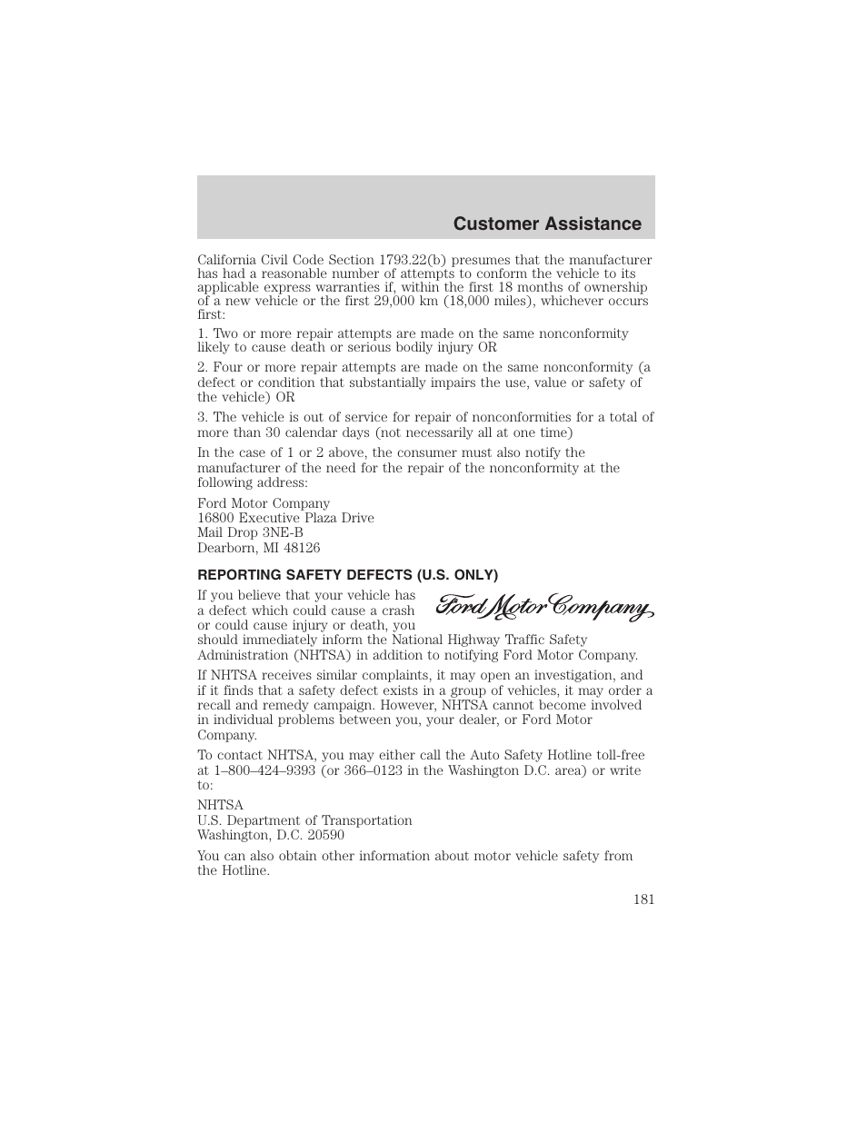 Customer assistance | FORD 2003 Windstar v.1 User Manual | Page 181 / 240