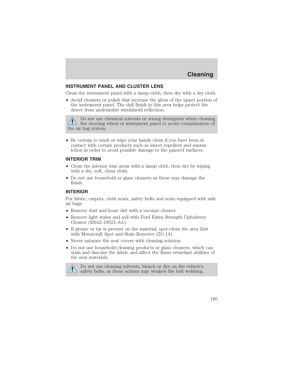 Cleaning | FORD 2003 Windstar v.1 User Manual | Page 185 / 240