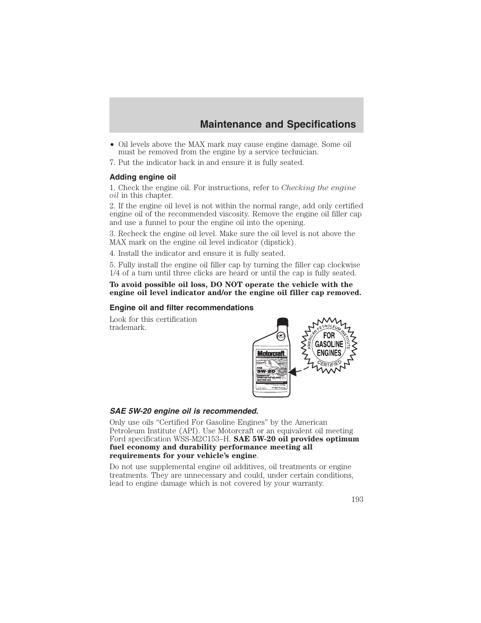 Maintenance and specifications | FORD 2003 Windstar v.1 User Manual | Page 193 / 240