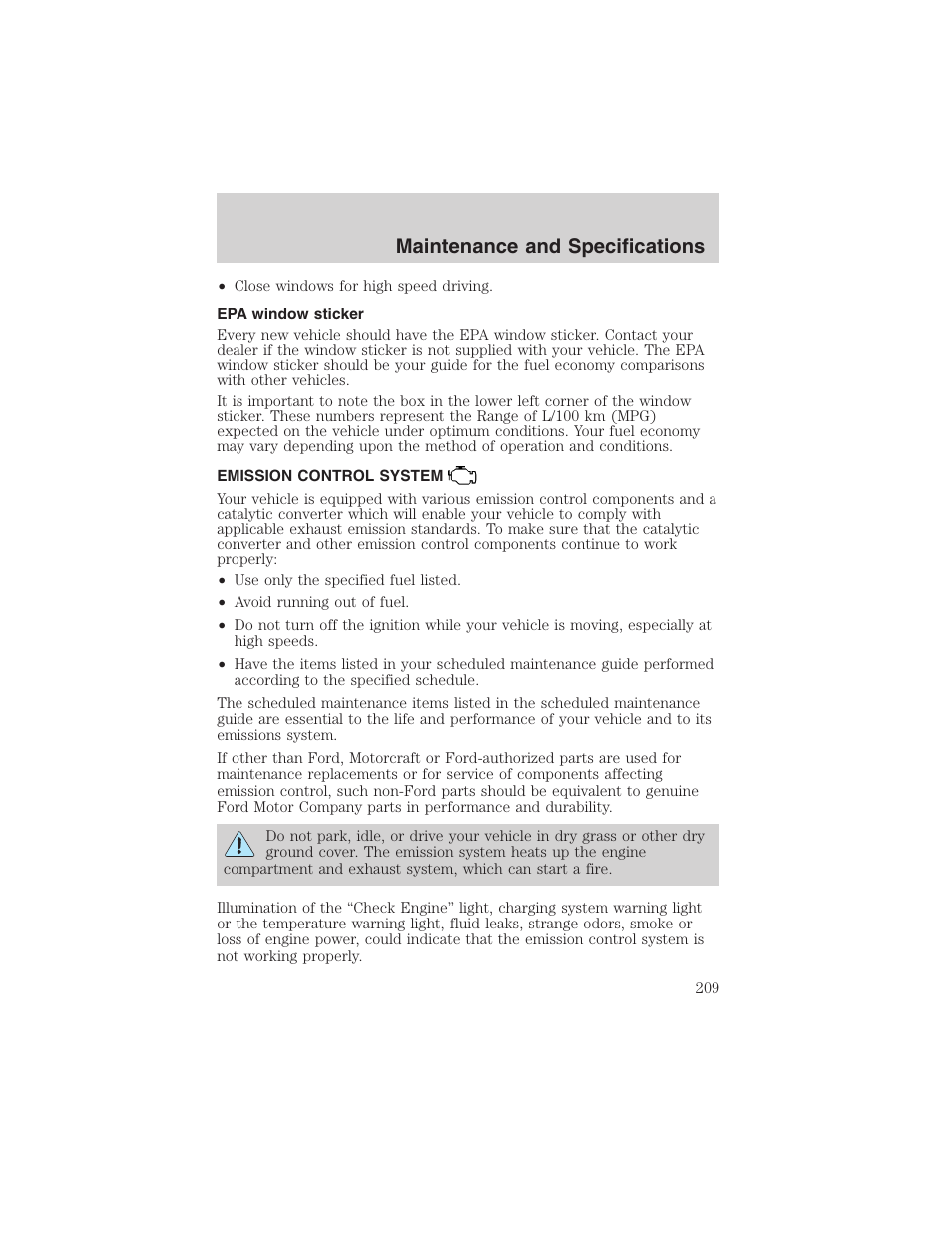 Maintenance and specifications | FORD 2003 Windstar v.1 User Manual | Page 209 / 240