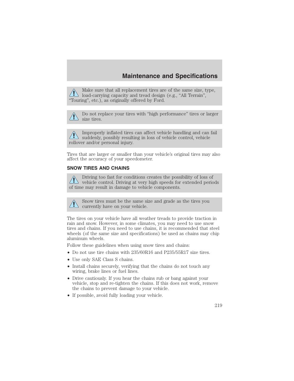 Maintenance and specifications | FORD 2003 Windstar v.1 User Manual | Page 219 / 240