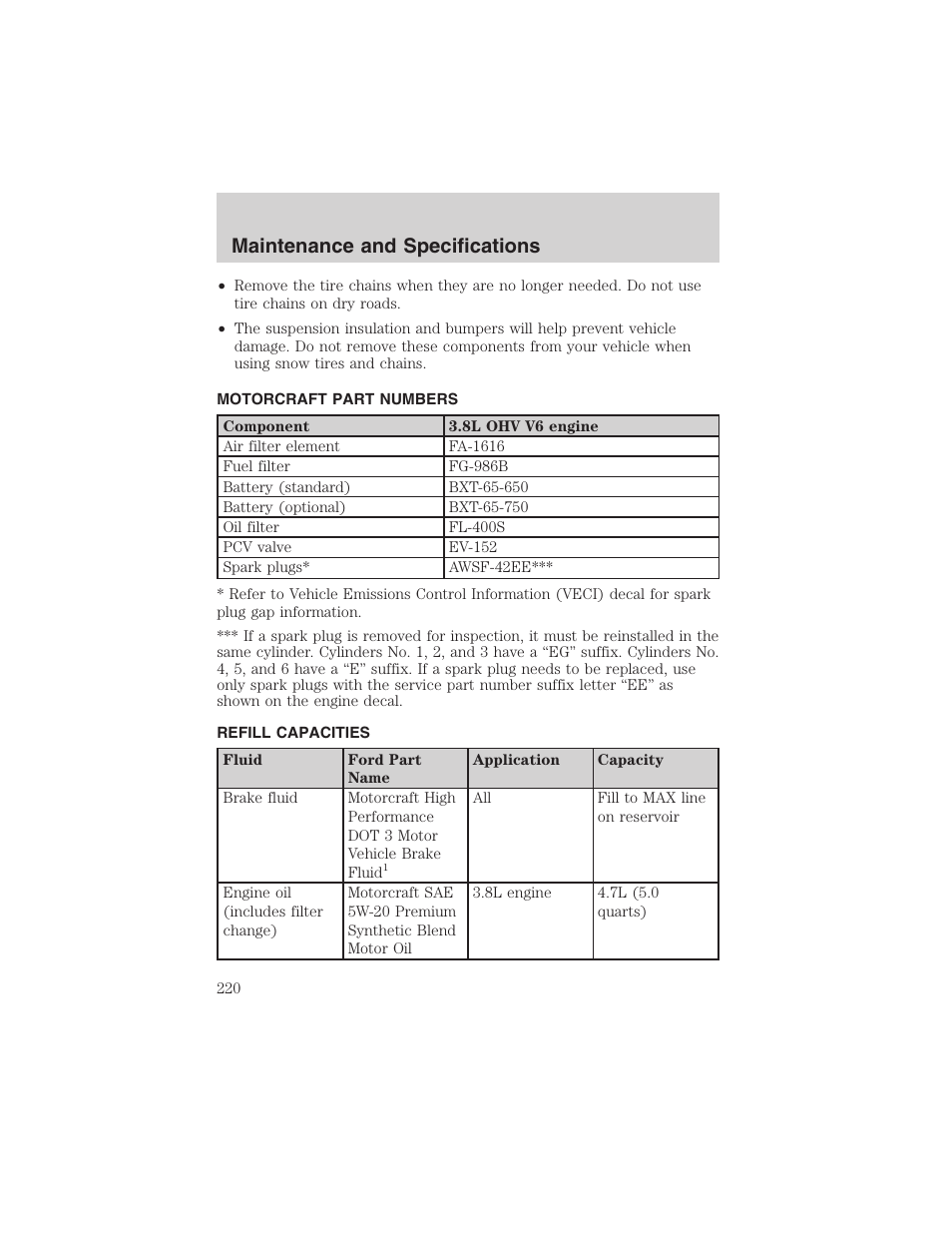 Maintenance and specifications | FORD 2003 Windstar v.1 User Manual | Page 220 / 240