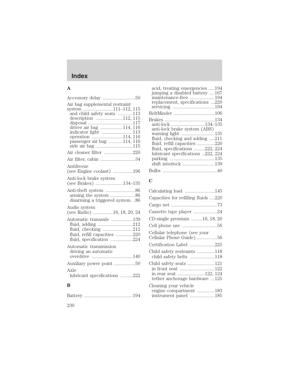 Index | FORD 2003 Windstar v.1 User Manual | Page 230 / 240
