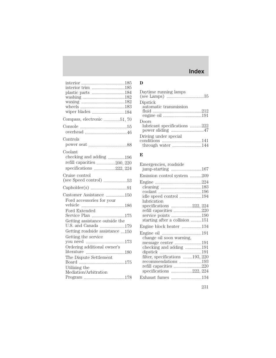 Index | FORD 2003 Windstar v.1 User Manual | Page 231 / 240
