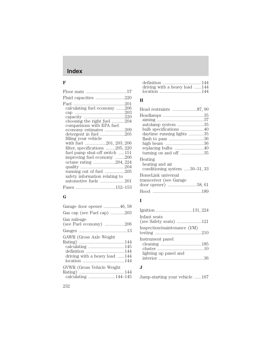 Index | FORD 2003 Windstar v.1 User Manual | Page 232 / 240