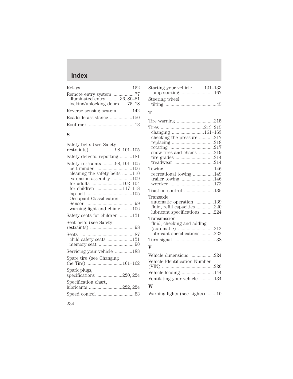 Index | FORD 2003 Windstar v.1 User Manual | Page 234 / 240
