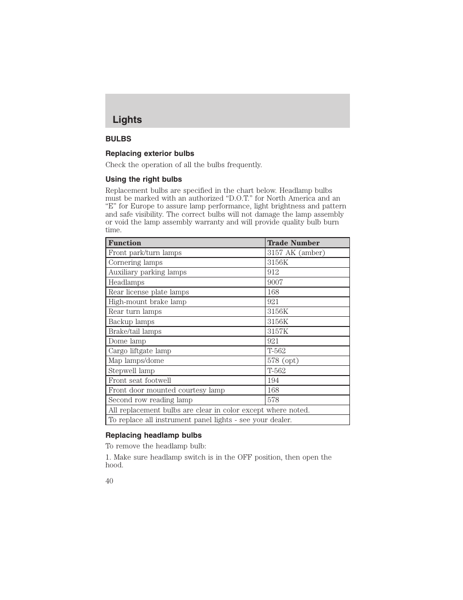 Lights | FORD 2003 Windstar v.1 User Manual | Page 40 / 240