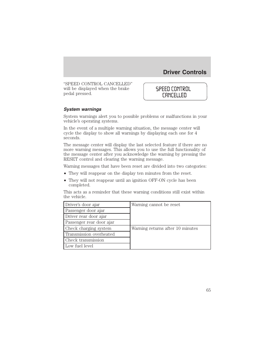 Driver controls | FORD 2003 Windstar v.1 User Manual | Page 65 / 240