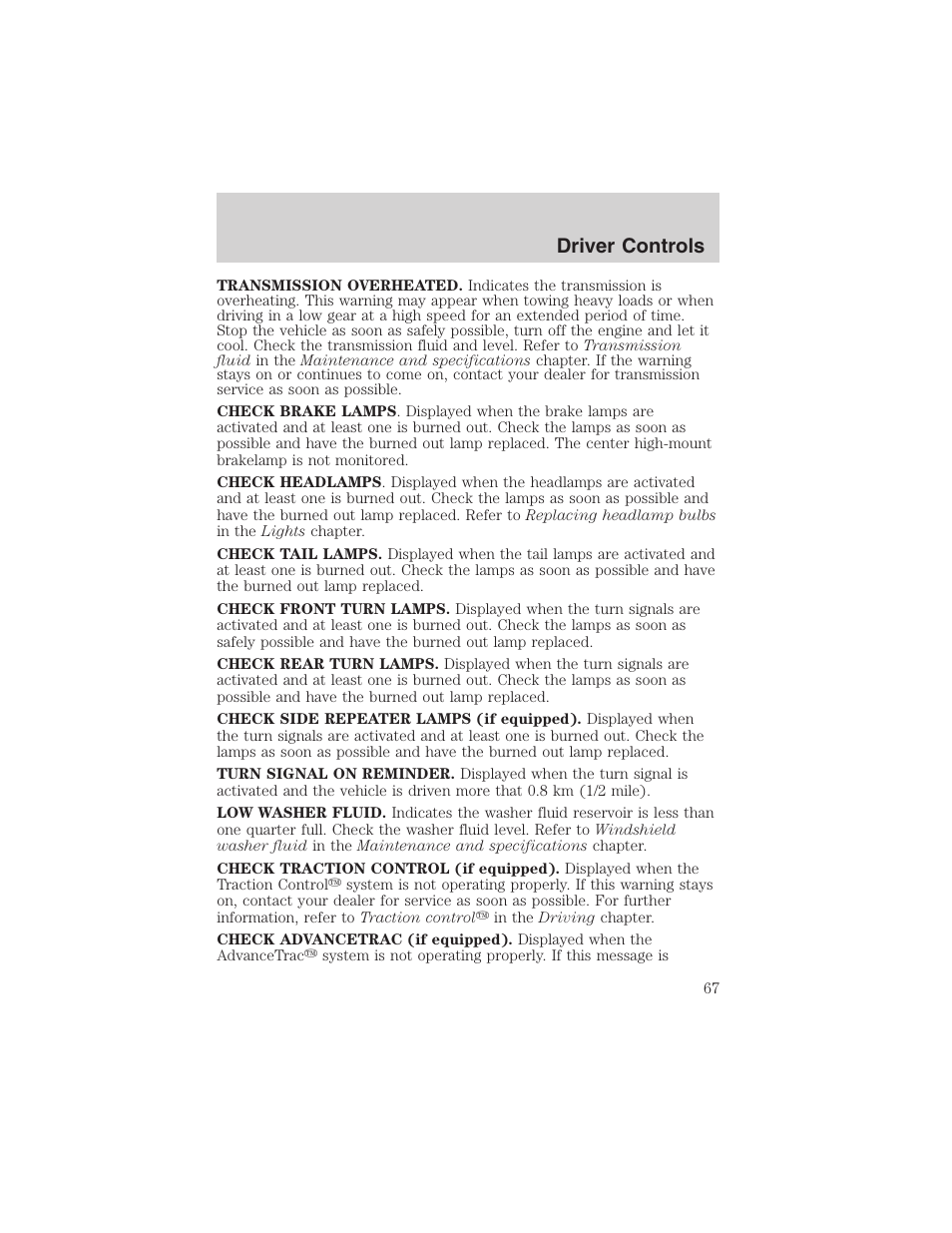 Driver controls | FORD 2003 Windstar v.1 User Manual | Page 67 / 240