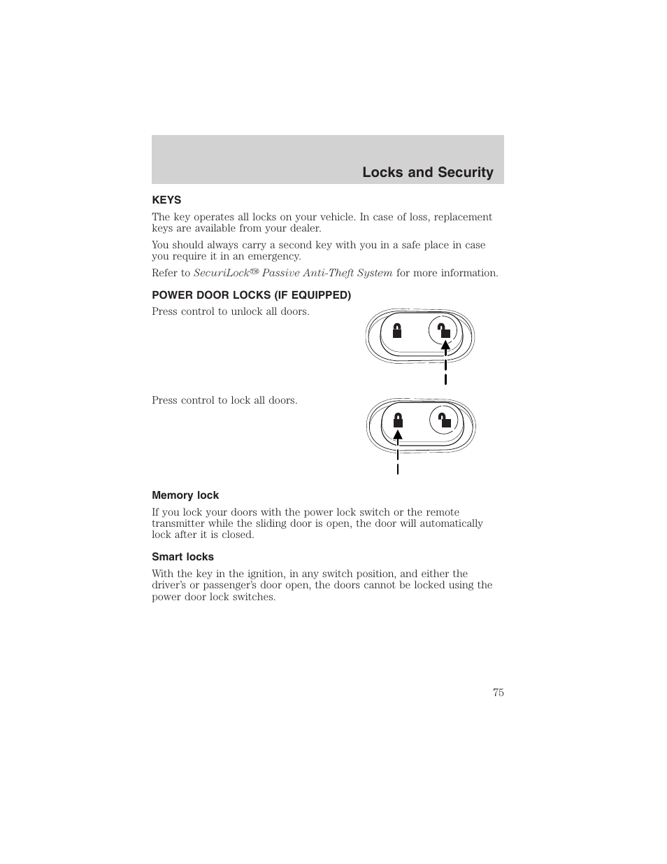 Locks and security | FORD 2003 Windstar v.1 User Manual | Page 75 / 240