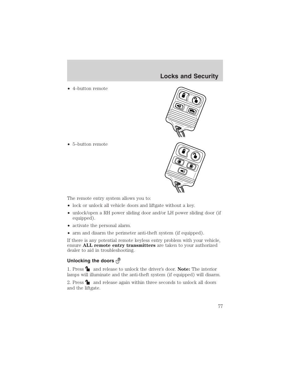 Locks and security | FORD 2003 Windstar v.1 User Manual | Page 77 / 240