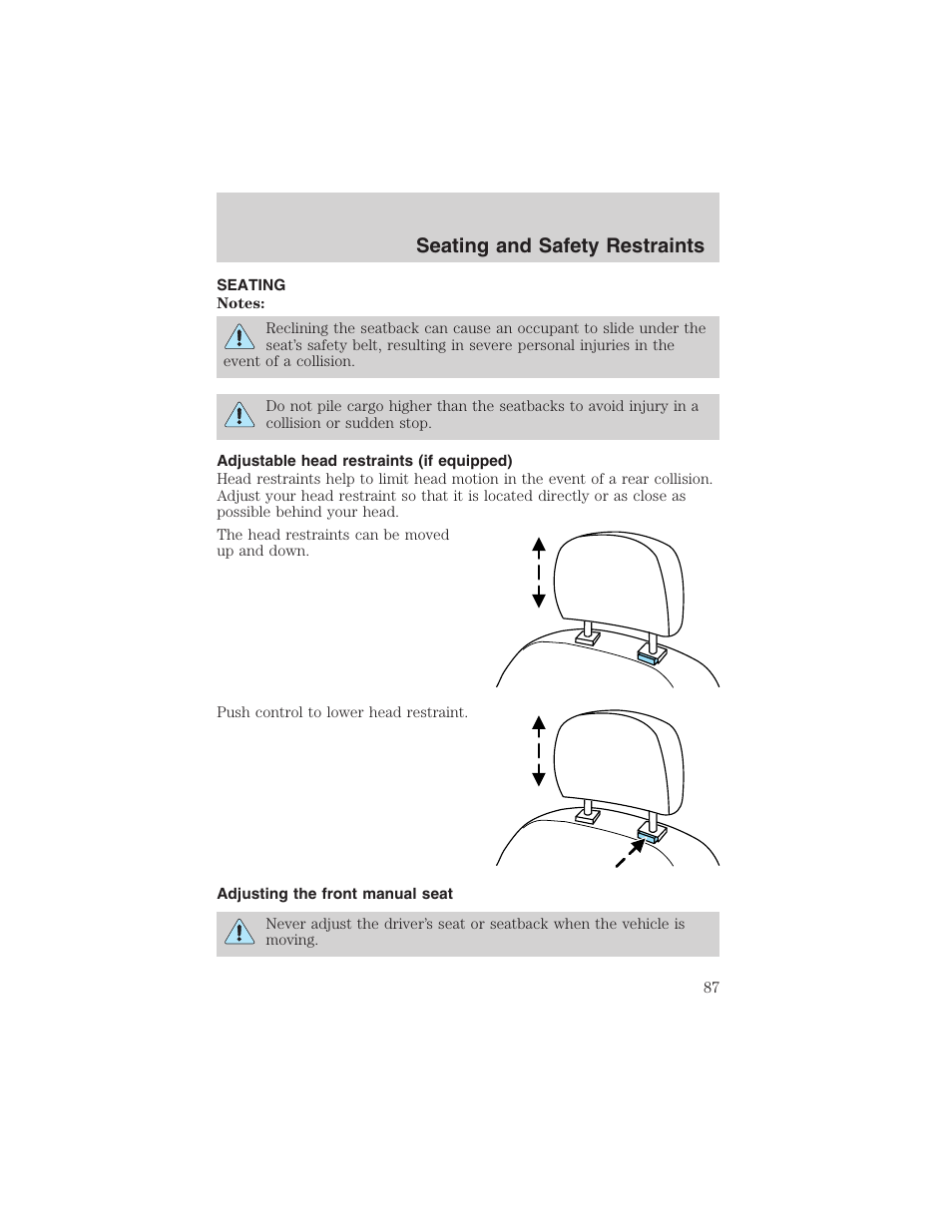 Seating and safety restraints | FORD 2003 Windstar v.1 User Manual | Page 87 / 240