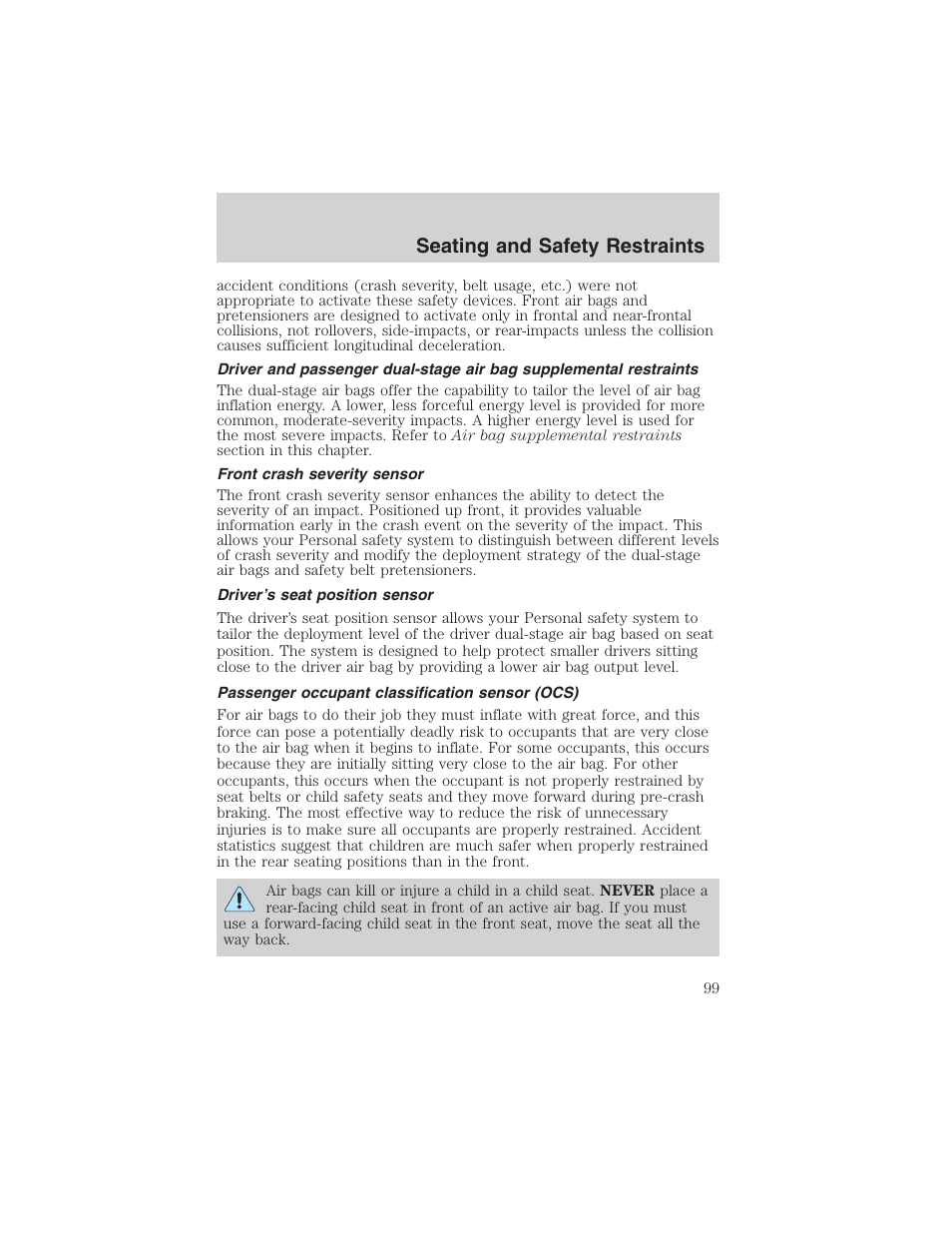 Seating and safety restraints | FORD 2003 Windstar v.1 User Manual | Page 99 / 240