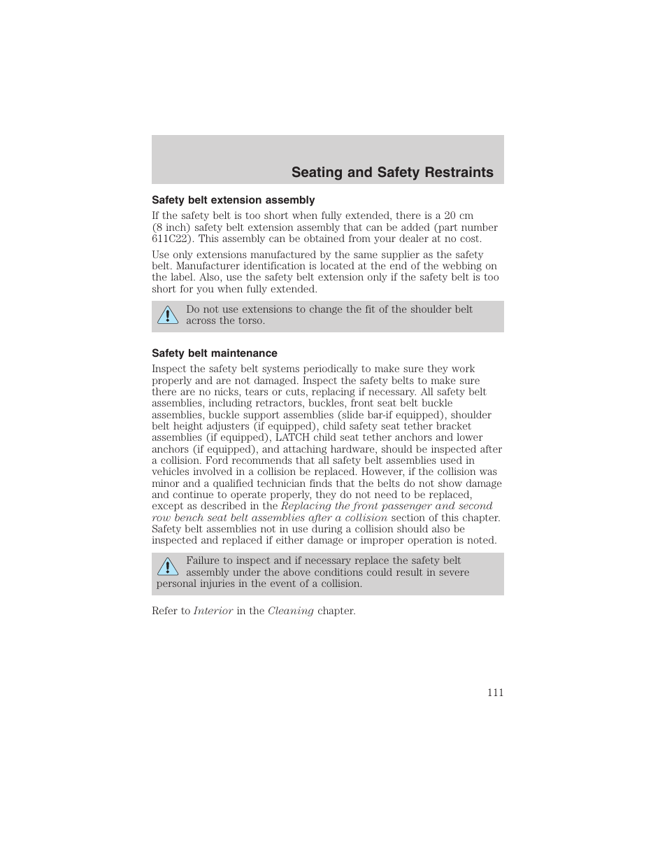 Seating and safety restraints | FORD 2003 Windstar v.2 User Manual | Page 111 / 240