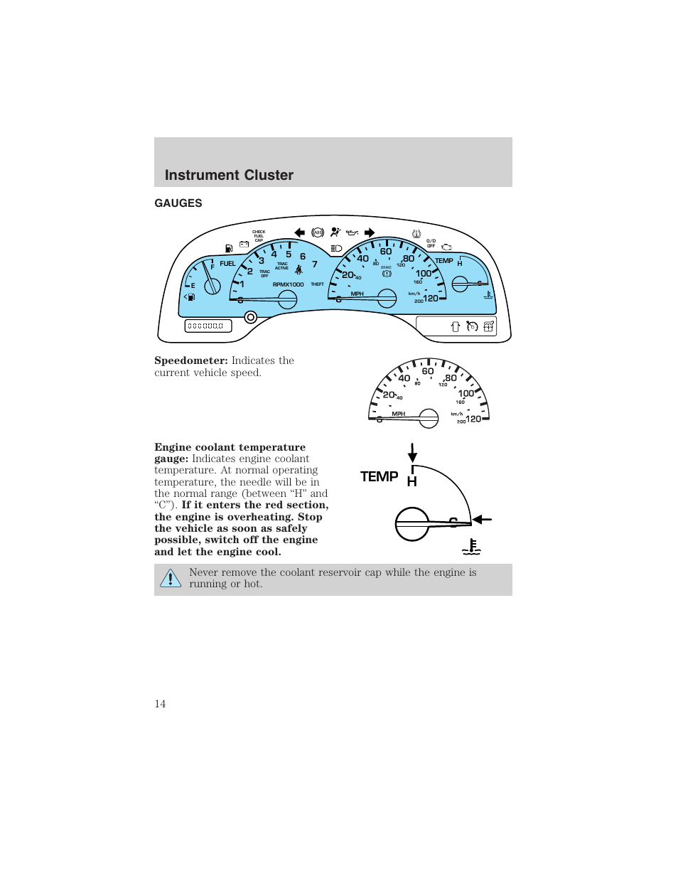 Instrument cluster, Temp h | FORD 2003 Windstar v.2 User Manual | Page 14 / 240