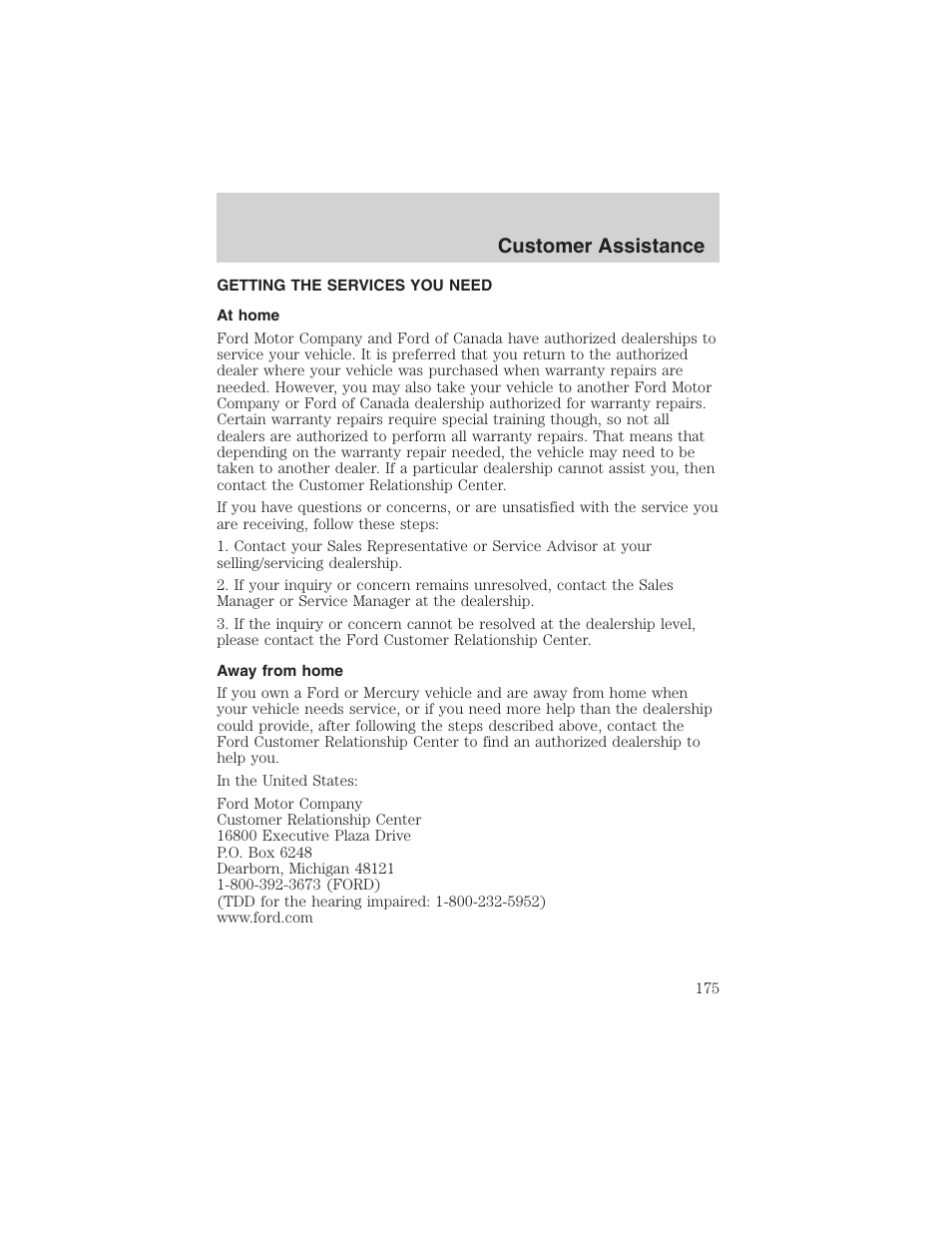 Customer assistance | FORD 2003 Windstar v.2 User Manual | Page 175 / 240