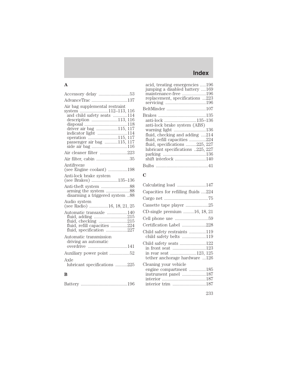 Index | FORD 2003 Windstar v.2 User Manual | Page 233 / 240