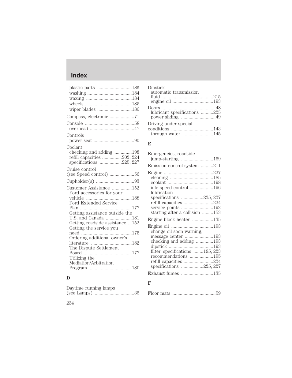 Index | FORD 2003 Windstar v.2 User Manual | Page 234 / 240
