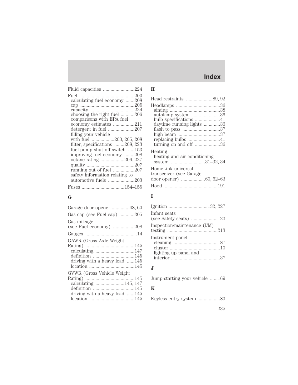 Index | FORD 2003 Windstar v.2 User Manual | Page 235 / 240