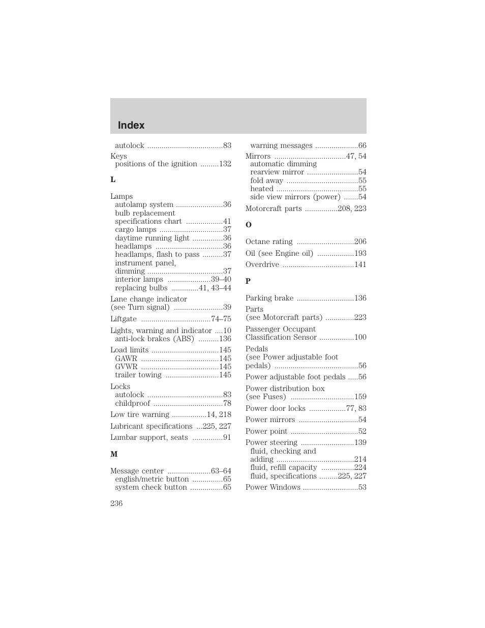 Index | FORD 2003 Windstar v.2 User Manual | Page 236 / 240