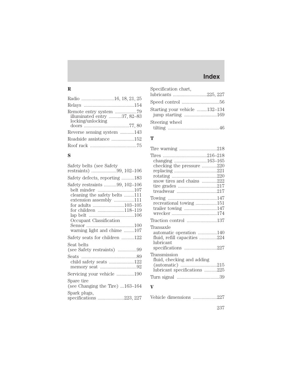 Index | FORD 2003 Windstar v.2 User Manual | Page 237 / 240